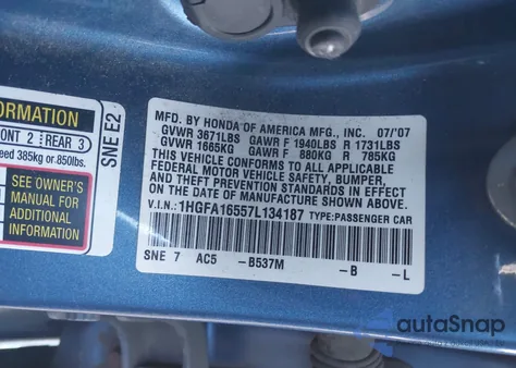 2007 Honda Civic Lx from USA, damaged, VIN 1HGFA16557L134187